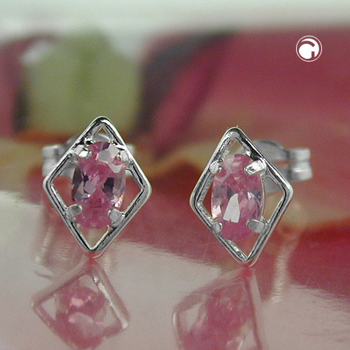 Ohrstecker Ohrring 8x6mm Rhombus mit Zirkonia pink Silber 925