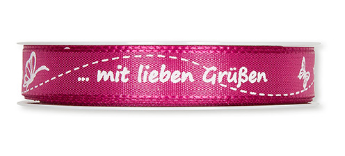 Dekoband Schrift mit lieben Grüßen/waschb. 30° 15 mm 25 m pink