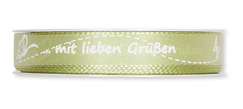 Dekoband Schrift mit lieben Grüßen/waschb. 30° 15 mm 25 m grün