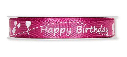 Dekoband Schrift Happy Birthday / waschbar 30° 15 mm 25 m pink