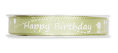 Dekoband Schrift Happy Birthday / waschbar 30° 15 mm 25 m grün