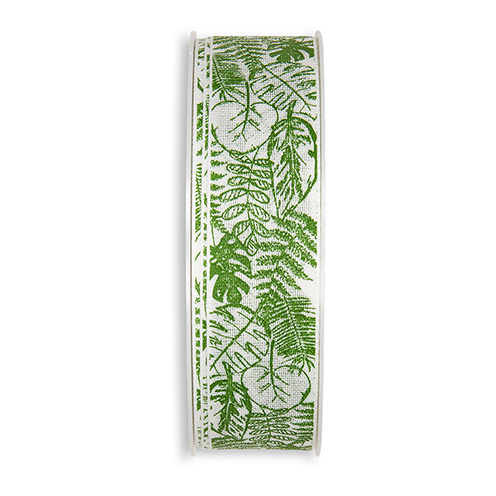 Dekoband Blätter waschbar 30° 25 mm 18 m weiß grün