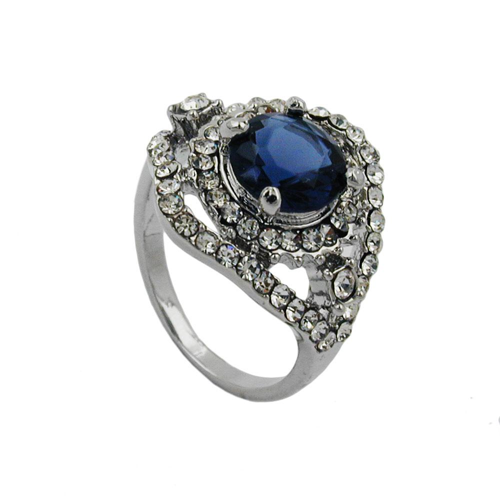 Ring 17mm großer blauer Glasstein mit kleinen weißen Glassteinen rhodiniert Ringgröße 50