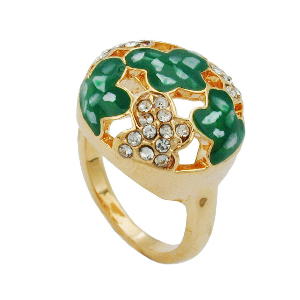 Ring 17mm mit weißen Glassteinen grün-emaillierten Flächen vergoldet Ringgröße 50