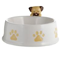Керамична кафява купа за домашни любимци куче мопс върху ръб